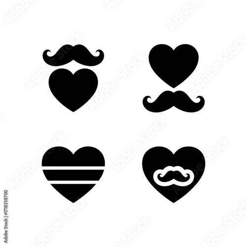 Vector art of four heart icons with mustache, representing love, romance, and affection in a playful and whimsical way