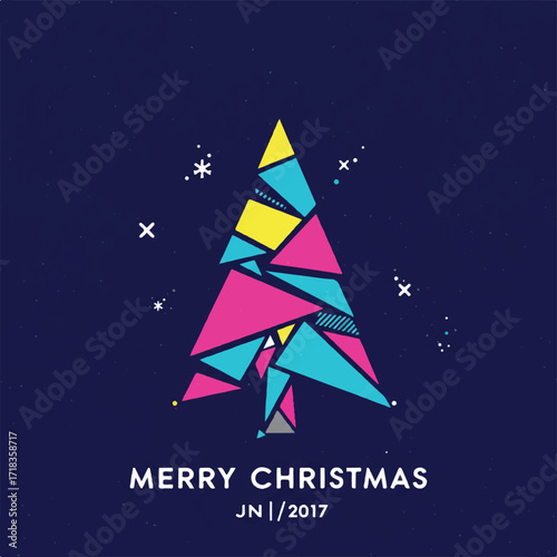 Geometric Christmas tree on dark blue background with text