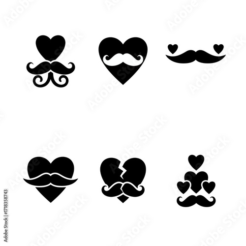 Vector art of collection of heart shapes with mustache, blending romance and masculinity in a playful and stylish manner