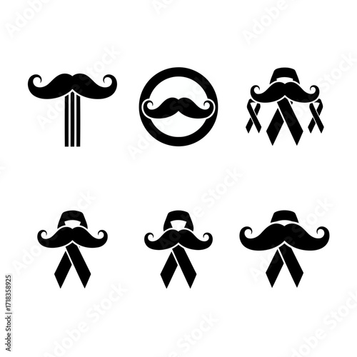 Vector art of collection of six mustache designs with ribbon, symbolizing support and awareness for various causes