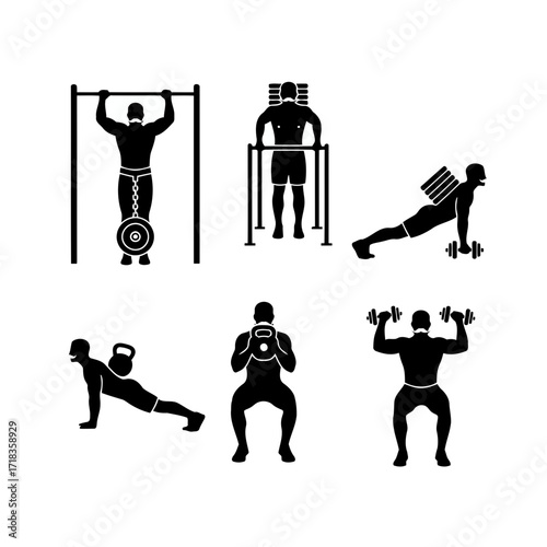 Vector art of collection of various workout and exercise icons, representing fitness, strength training, and healthy lifestyle activities