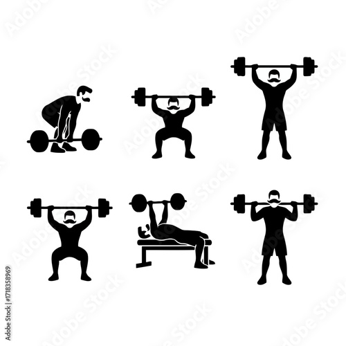 Vector art of weightlifter doing different exercises set of weightlifting icons weightlifting, powerlifting, gym, sport