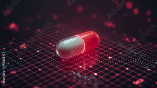 A glowing large pill and atomic grid displayed on a red immersive interface, symbolizing biotechnology, medicine, and futuristic healthcare innovation.
