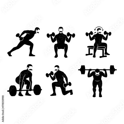 Vector art of set of man doing exercises with barbell and dumbbells pictogram of a man doing workout with weights in different positions
