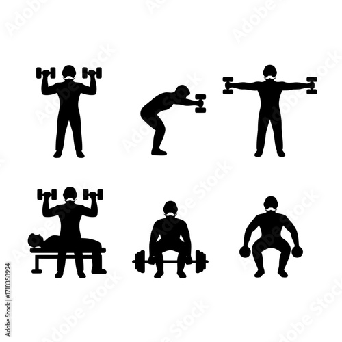 Vector art of set of weightlifting icons showing a man lifting dumbbells and barbells fitness and exercise concept