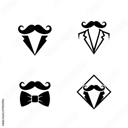Vector art of collection of gentleman icon set contains images of suit, tuxedo, tie, bow tie, mustache, and vest icons