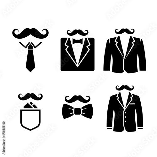 Vector art of collection of gentleman icon set contains images of suit, tuxedo, tie, bow tie, mustache, and vest icons