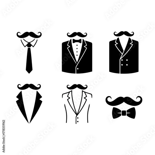 Vector art of elegant gentleman icons showcasing mustache, bow tie, suit, and tie for fashion, style, and formal wear concepts