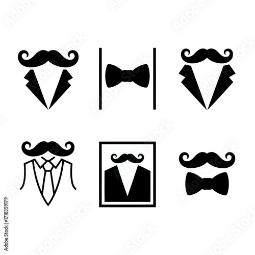 Vector art of collection of gentleman icons featuring mustache, bow tie, and suit, perfect for representing elegance and sophistication