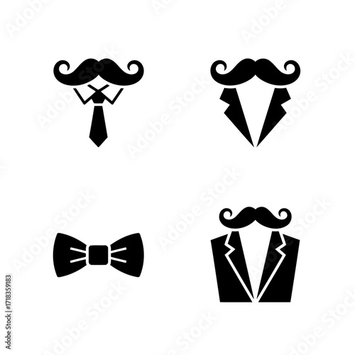 Vector art of elegant set of gentleman icons, showcasing mustache, bow tie, and suit elements for a touch of sophistication and class
