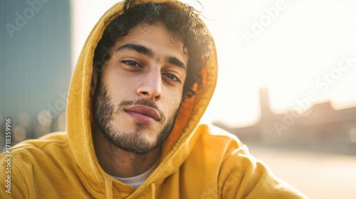 Close up of a young man with beard wearing yellow hoodie outdoors during sunset.