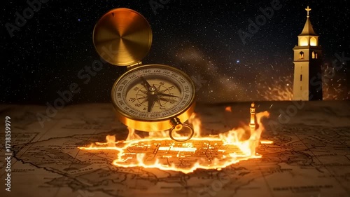 Navigating Through Turmoil A Golden Compass on a Burning Map Signifies Crisis and the Search for Direction