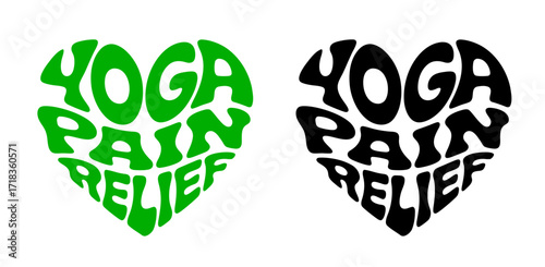 Heart-shaped sticker featuring "YOGA PAIN RELIEF" in colorful and black design for managing pain and 