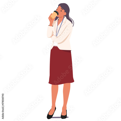 Young woman business company worker cartoon character enjoying coffee break time isolated portrait