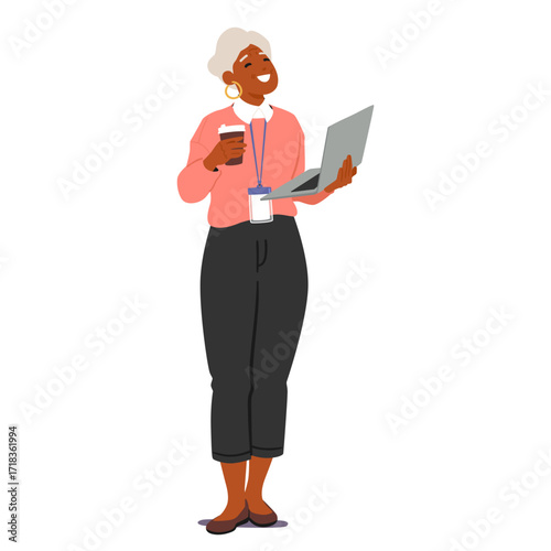 Elderly businesswoman cartoon character standing with coffee cup and laptop computer in hands