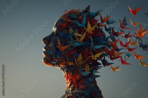 Abstract human head transforming into numerous colorful origami cranes soaring against a serene sky