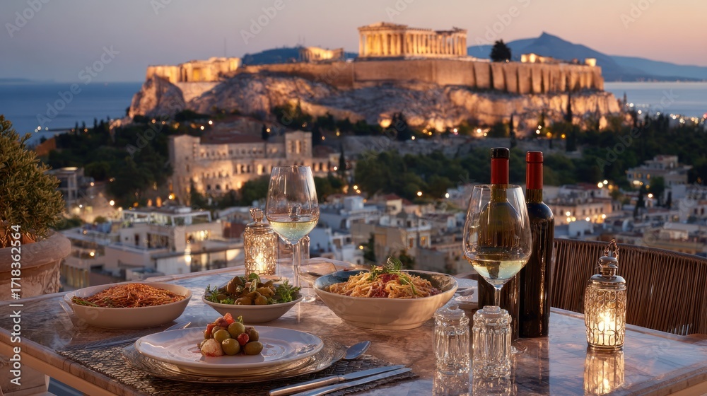Naklejka premium Romantic Dinner with Acropolis View in Athens, Greece