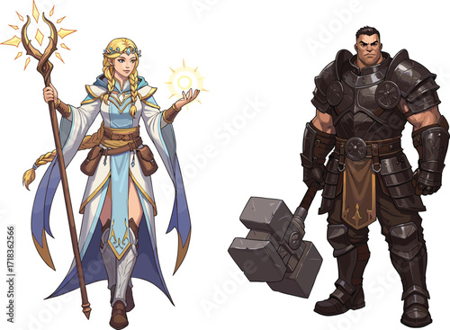 Fantasy cleric and armored warrior characters, pixel art RPG duo, magic and melee contrast, roleplay game asset, character design illustration