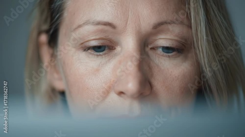 Close-up of a focused woman with blue eyes looking down, working on a laptop indoors, technology concept.
