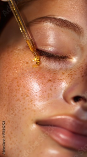 Nurturing Skincare Ritual: Close-Up of a Woman Applying Nourishing Oil to Her Skin for a Radiant and Healthy Complexion