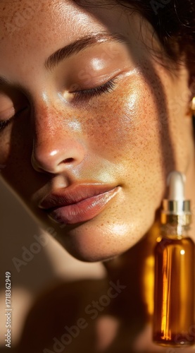 Radiant Close-Up of a Woman's Face with Dewy Skin and Freckles, Enhanced by a Golden Serum Bottle in Soft Natural Light
