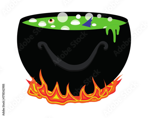 Mysterious Halloween witch's cauldron bubbling with a spooky green potion and magical ingredients over a fire