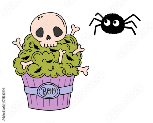 Halloween Skull Cupcake and Spider Illustration for Spooky Celebrations