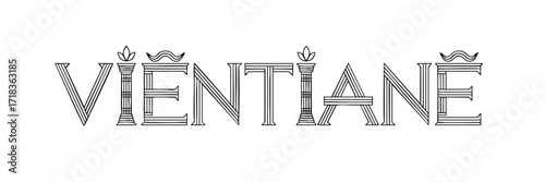 Vientiane Text Logo with Decorative Linear Outline, Laos Inspired Typography, Ornamental Line Art Design on Transparent Background
