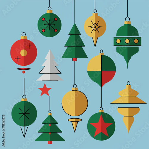 Illustrated Christmas ornaments suspended against a pale blue background