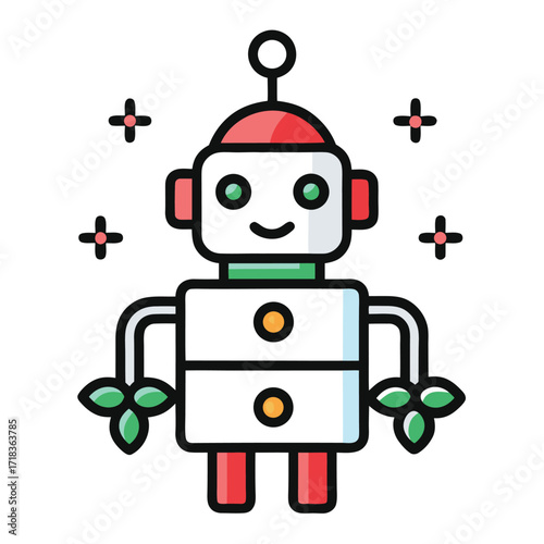 Cute and friendly cartoon robot with green leafy arms and sparkles.