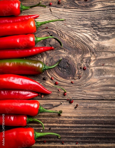 Red chili peppers on rustic wood
