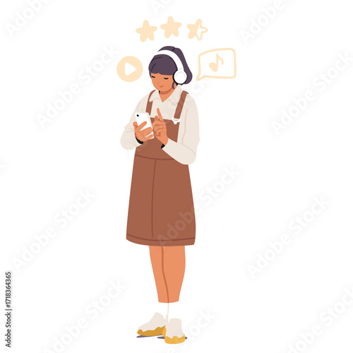 Teenage girl child cartoon character wearing headphones using music mobile app in smartphone