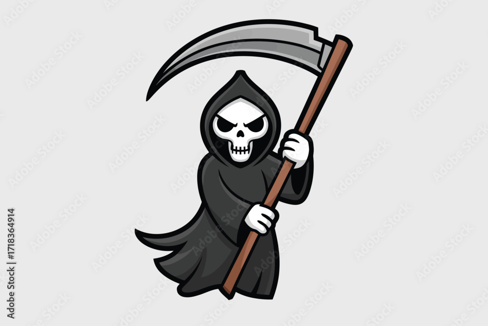 Obraz premium Cartoon grim reaper holding a scythe with a skull face