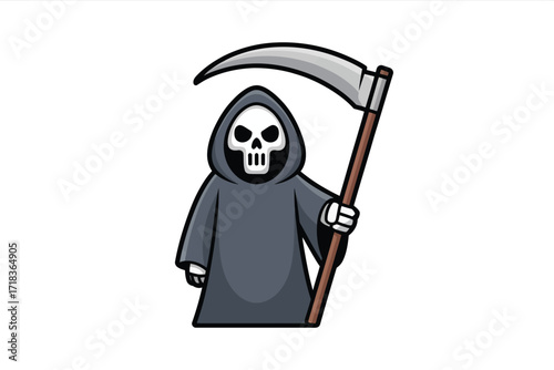 Cartoon grim reaper holding scythe with skull face