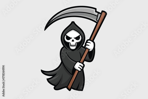 Cartoon grim reaper holding a scythe with a skull face