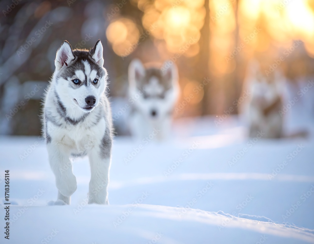 Naklejka premium Husky puppies in snowy winter landscape