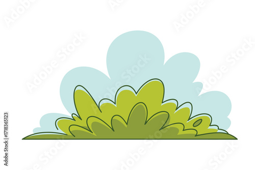 Cartoon green bush with soft blue clouds in the background