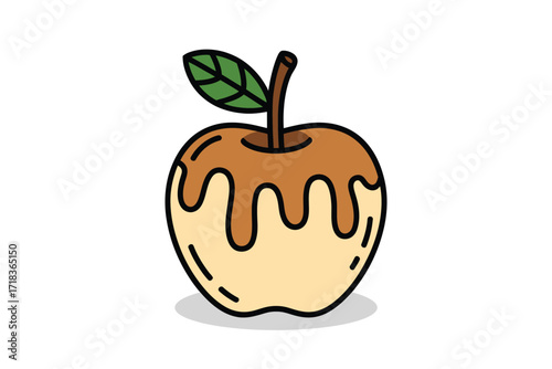 Hand drawn caramel apple with a green leaf and stem