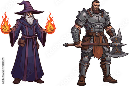 Fantasy wizard and warrior, fire magic illustration, medieval combat characters, epic battle pose, magical flames, heroic stance, dark armor, roleplay theme