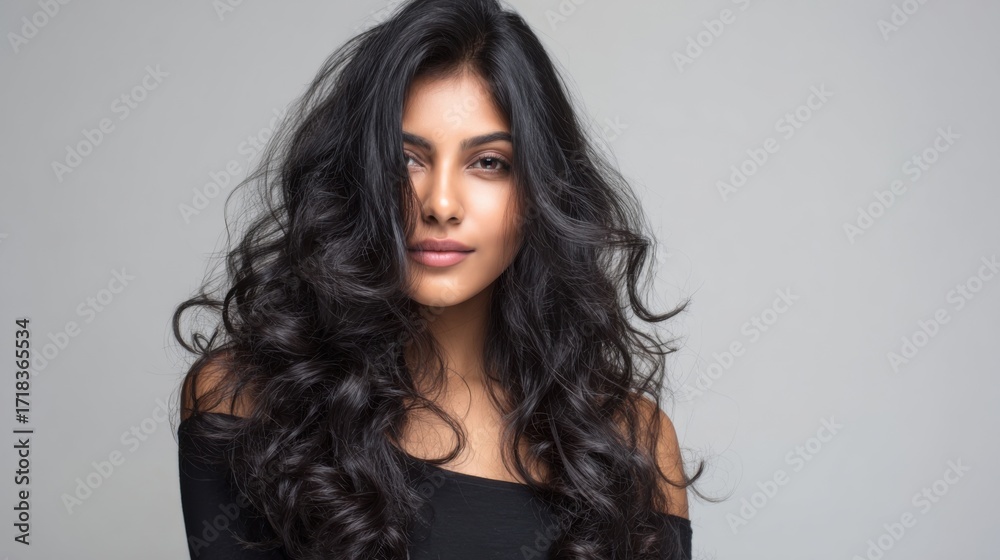 Fototapeta premium Portrait of a Young Woman with Long Wavy Black Hair and Natural Makeup.