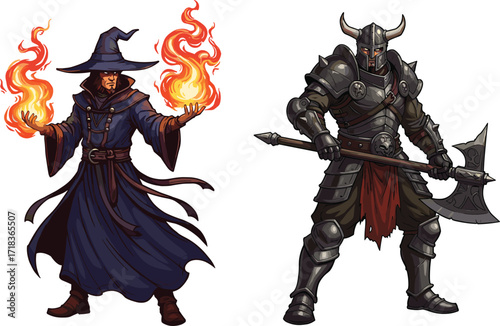 Fantasy wizard and warrior, fire magic illustration, medieval combat scene, epic characters, dark armor, magical flames, heroic stance, battle duo