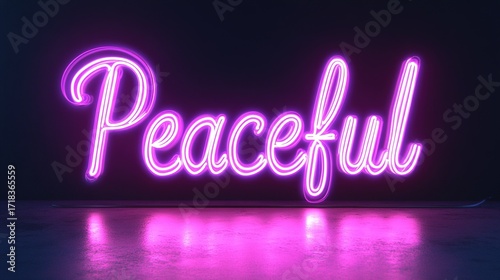The word Peaceful glows softly in neon lights, a symbol of tranquility and serenity, casting a gentle radiance and promoting inner peace. Stock Image.