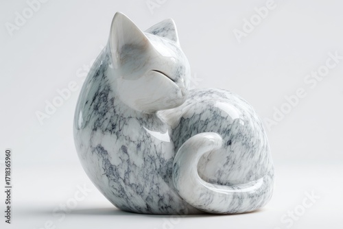 Minimalist marble cat sculpture gracefully curled up with a shiny surface