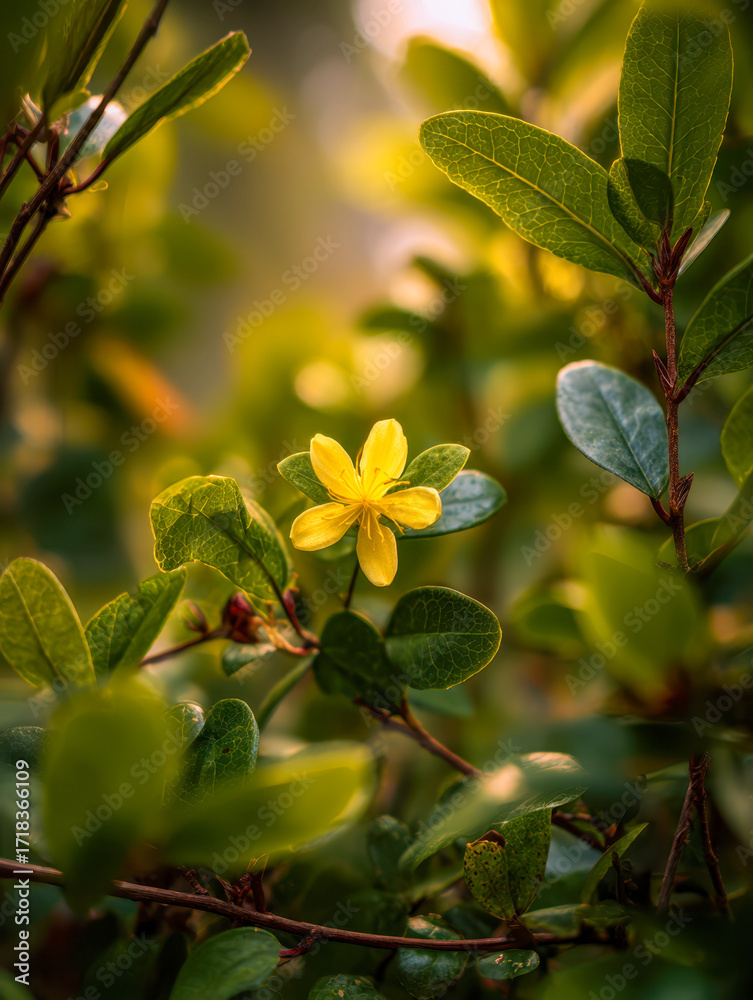 Fototapeta premium Close-up of a vibrant yellow flower blooming amidst lush green leaves in a sunlit natural setting, showcasing detailed foliage and warm lighting in the background