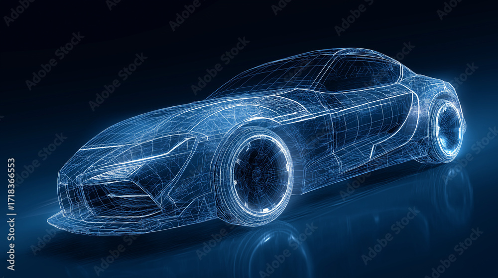 Naklejka premium Futuristic car wireframe concept , digital technology car on blue background
