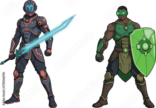 Futuristic sword warrior, energy shield defender, sci-fi armor characters, digital combat scene, high-tech battle, gaming concept, action illustration, tech fantasy