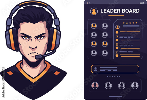 Gamer character illustration, online leaderboard interface, competitive gaming setup, esports profile, digital ranking system, headset avatar, gaming achievement display