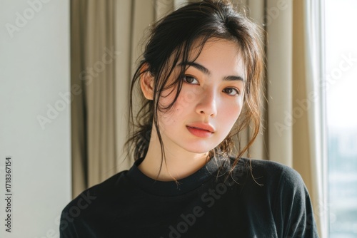 Young woman with dark hair and natural makeup relaxing indoors near window.