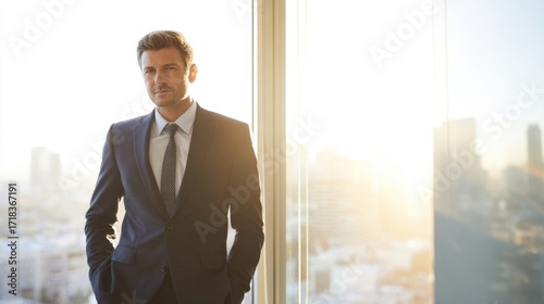 Professional businessman in suit standing by large window with cityscape background during daytime.
