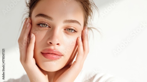Close-up portrait of a young woman with flawless skin and natural makeup look.